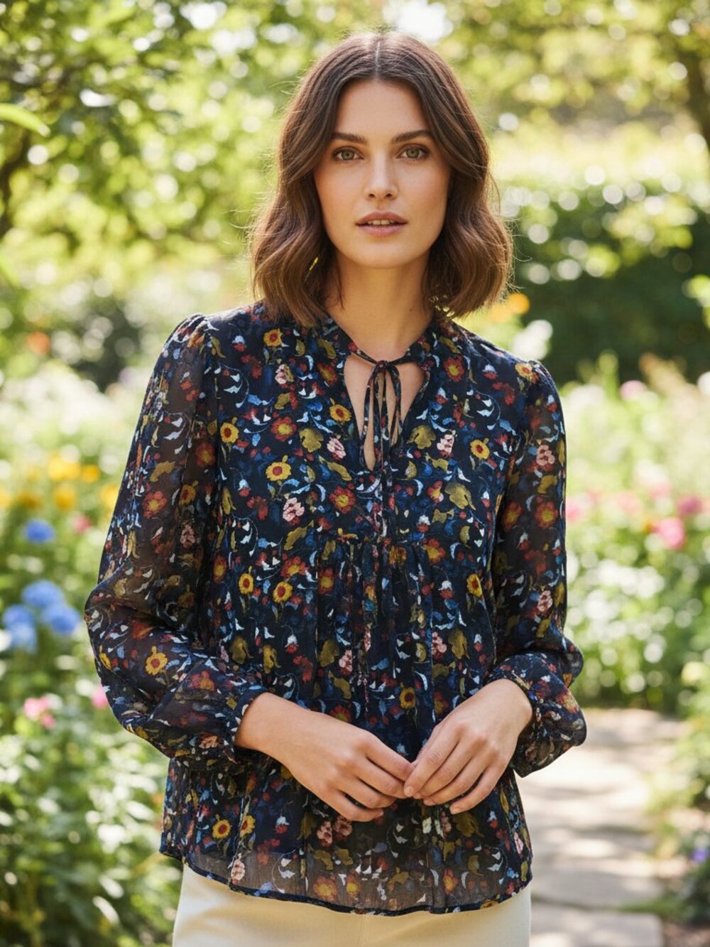 Zara S Blue Black Floral Keyhole Tie Neck Flowy Sheer Top Whimsigoth Boho Office